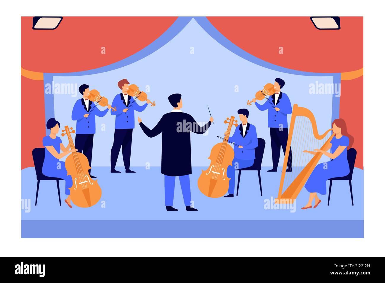 Direttore d'orchestra e musicisti che suonano su violino, arpa e violoncello hanno isolato l'illustrazione vettoriale piatta. Orchestra sinfonica cartoon sul palco. Musica classica e. Illustrazione Vettoriale