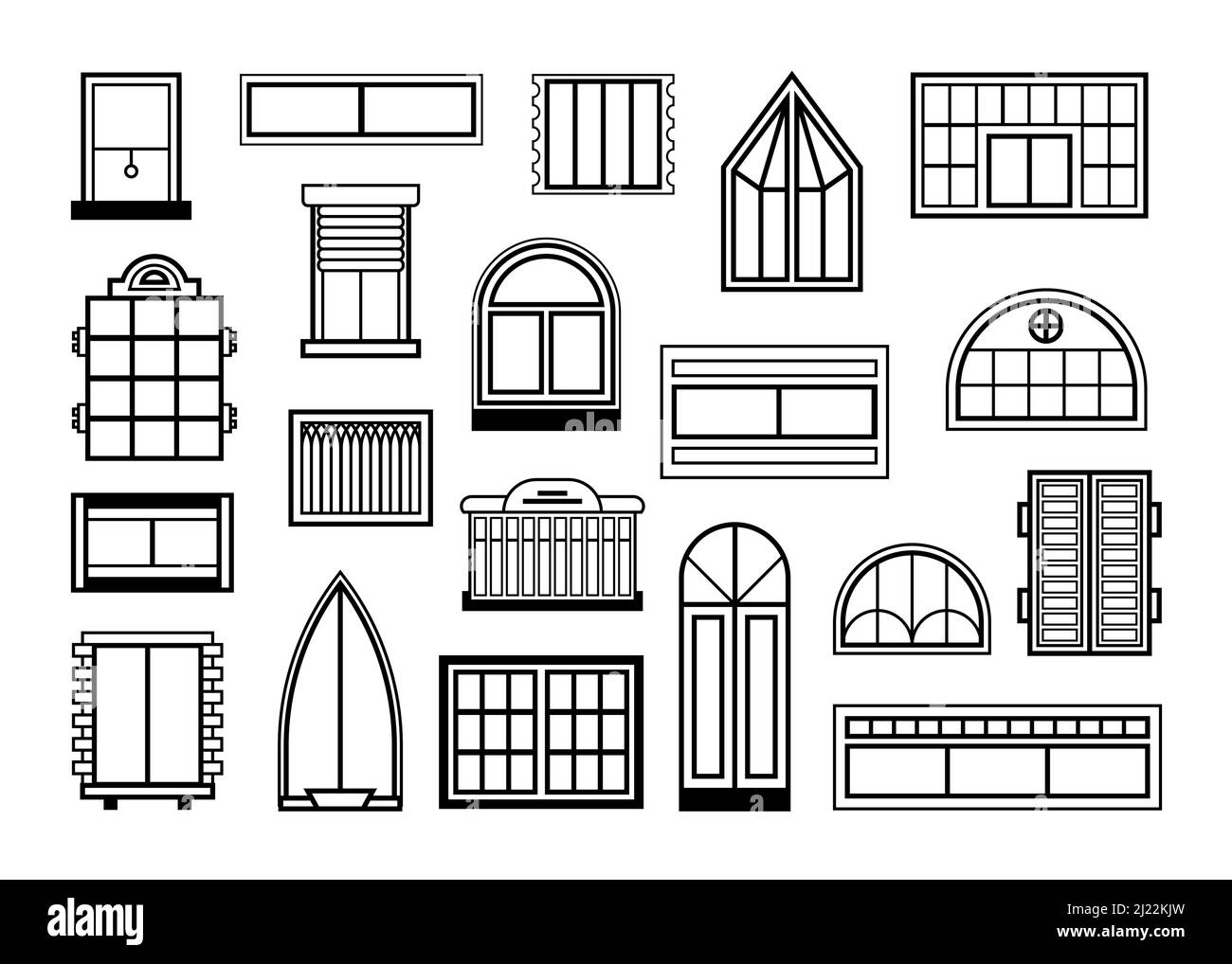 Set di finestre e porte in vetro. Collezione di cornici in plastica a forma di arco, elementi decorativi esterni in stile vintage per case, case, architettura Illustrazione Vettoriale