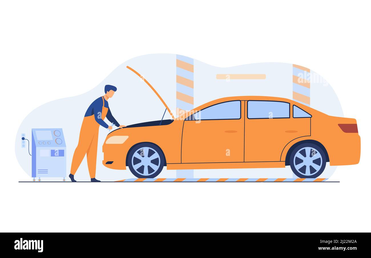 Meccanico automatico che ripara il motore del veicolo isolato immagine vettoriale piatta. Cartoon uomo che fissa o verifica auto con cofano aperto in garage. Servizio e mai Illustrazione Vettoriale