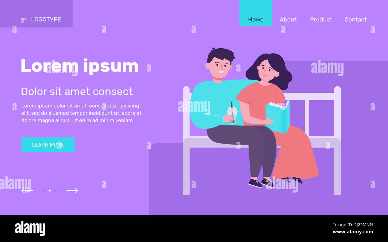 Felice coppia seduta sulla panchina nel parco. Data, amore, libro flat vettore illustrazione. Relazione e concetto di famiglia per banner, web design o landin Illustrazione Vettoriale