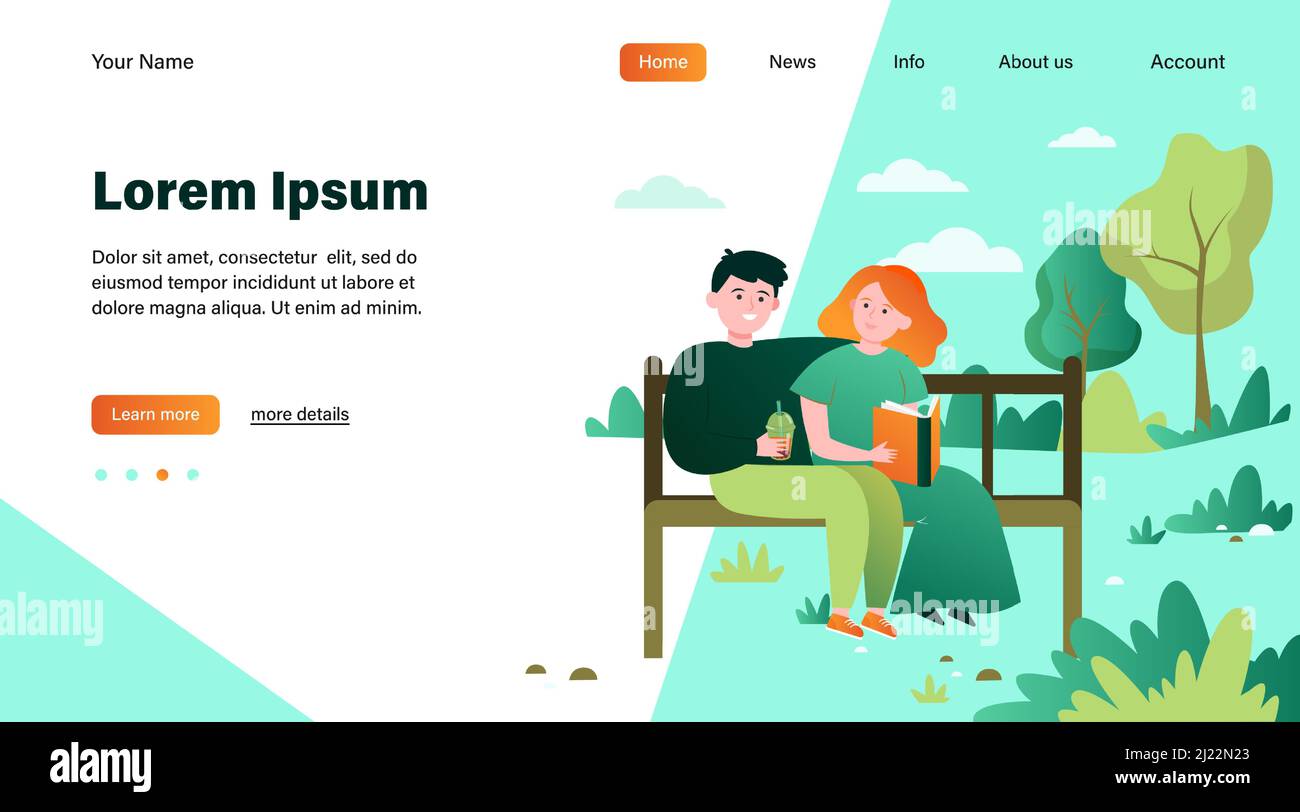 Felice coppia seduta sulla panchina nel parco. Data, amore, libro flat vettore illustrazione. Relazione e concetto di famiglia per banner, web design o landin Illustrazione Vettoriale
