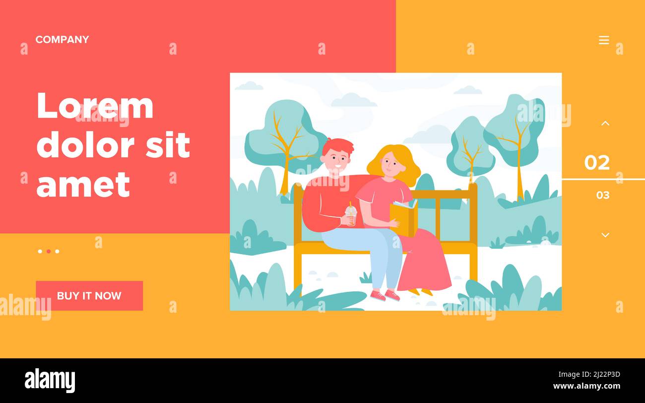 Felice coppia seduta sulla panchina nel parco. Data, amore, libro flat vettore illustrazione. Relazione e concetto di famiglia per banner, web design o landin Illustrazione Vettoriale