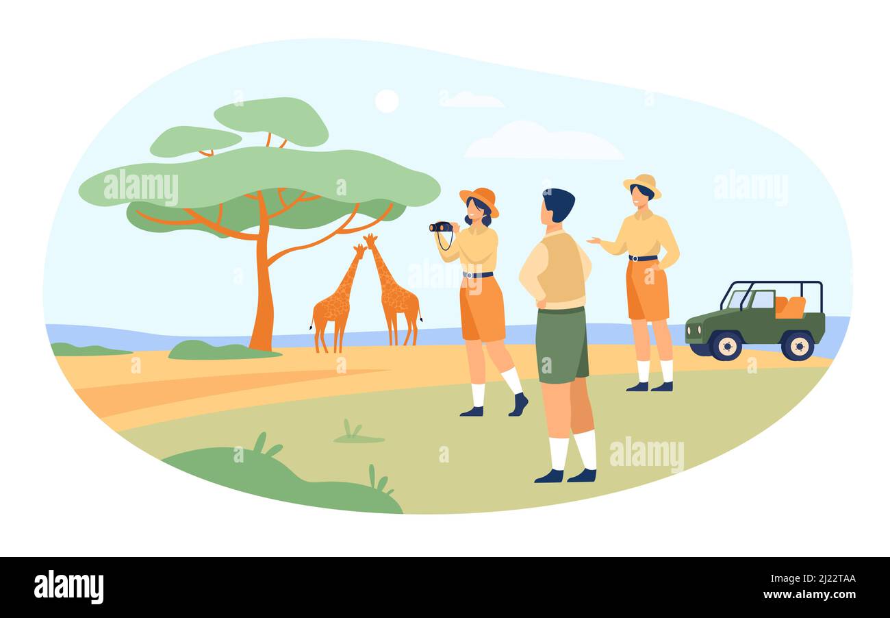 Safari turisti godere di avventura viaggio, guardare gli animali e scattare foto del paesaggio africano, la flora e la fauna. Illustrazione vettoriale per jeep a. Illustrazione Vettoriale