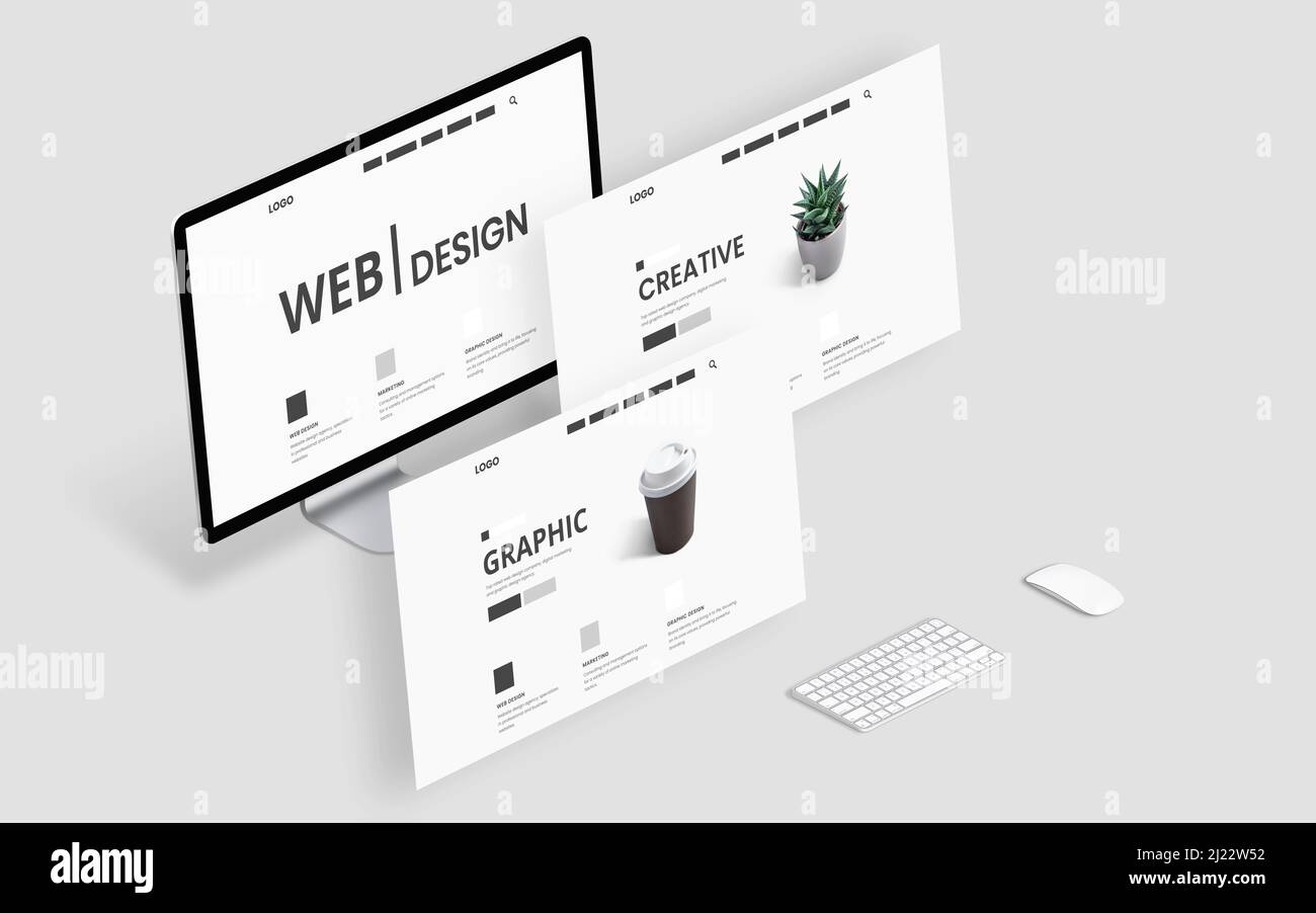 Sito Web Flying layout concetto. Web design creativo studio grafico scrivania Foto Stock