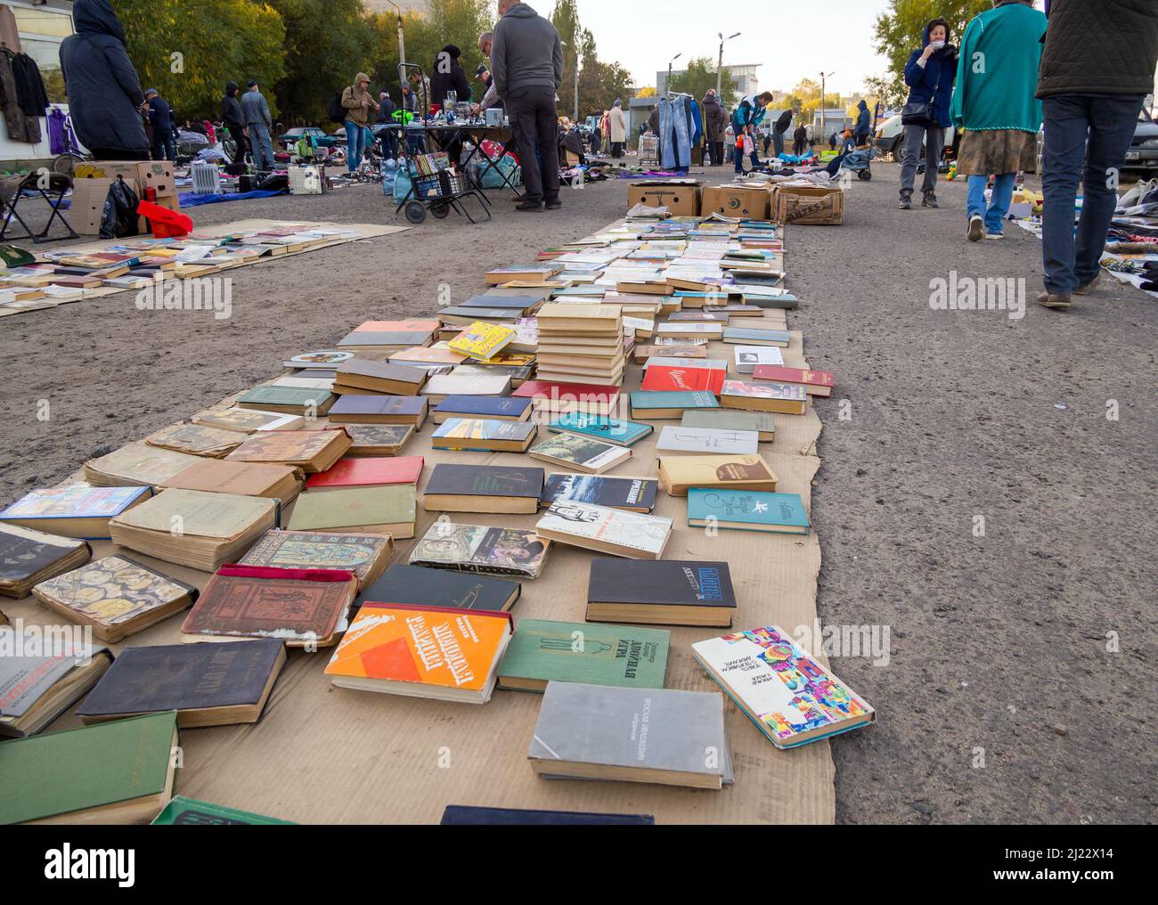 Voronezh, Russia - 10 ottobre 2020: File con vecchia letteratura di vecchi libri al mercato delle pulci di Voronezh Foto Stock
