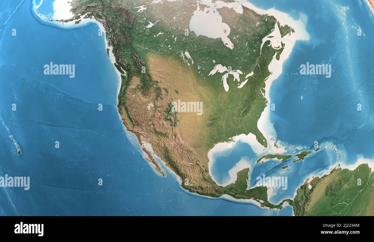 Mappa fisica di Nord America, Stati Uniti, Canada e Messico, con dettagli ad alta risoluzione. Vista satellitare del pianeta Terra. Elementi forniti dalla NASA Foto Stock