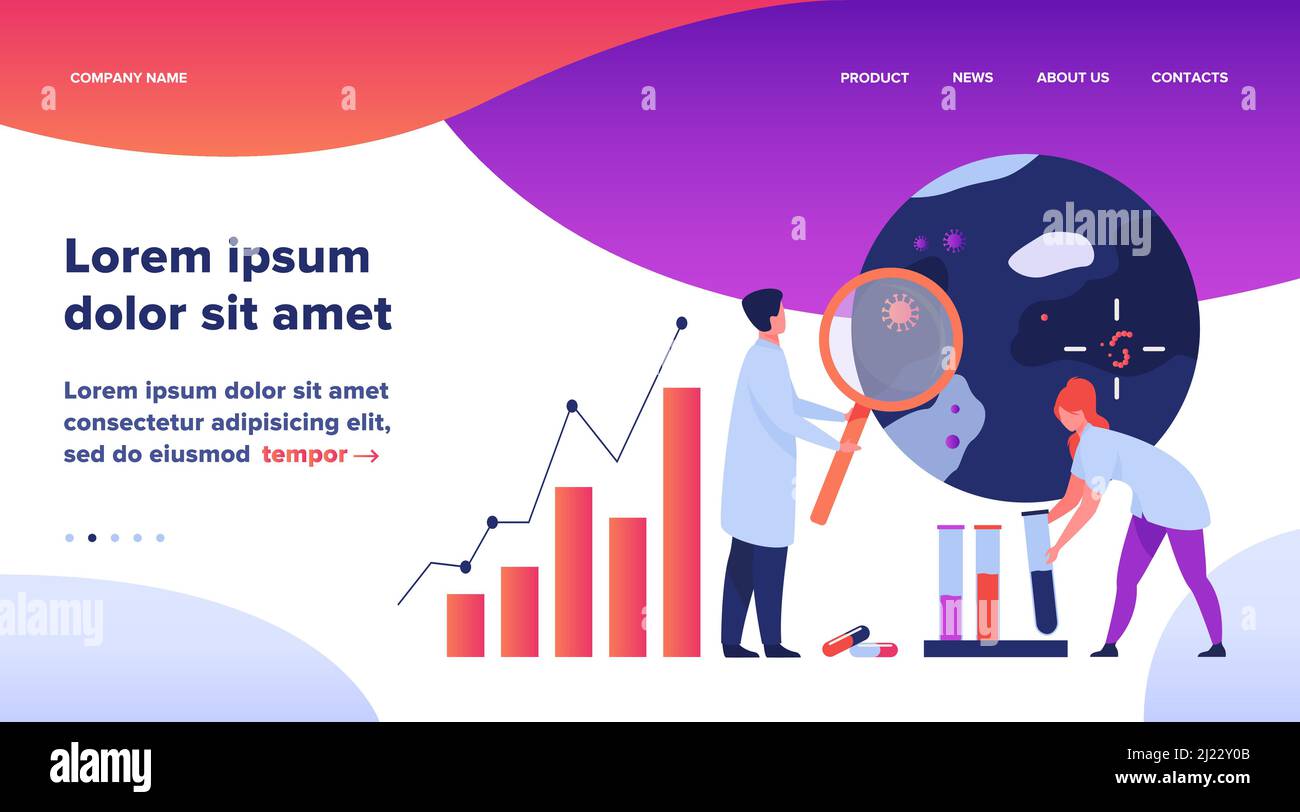 Scienziati che studiano virus in laboratorio. Medici che utilizzano l'analisi di batteri microscopici, campioni in provette di vetro, grafici. Illustrazione vettoriale piatta per ep Illustrazione Vettoriale