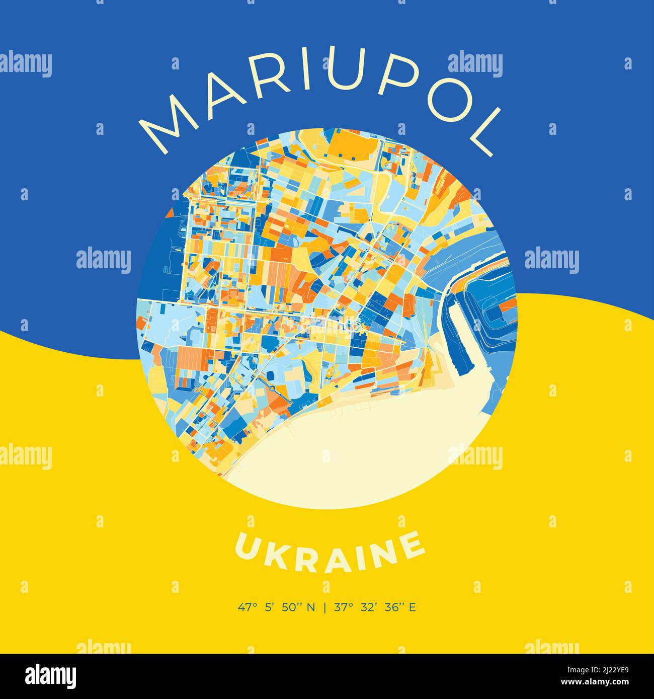 Modello di stampa vettoriale di Mariupol, Donetsk Oblast, Ucraina con colori blu, verde e giallo. Le varie tonalità seguono un principio radom. Illustrazione Vettoriale