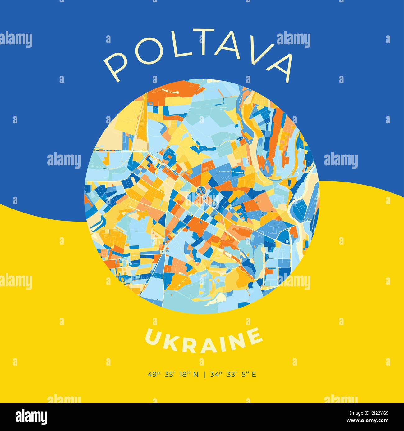 Modello di stampa vettoriale di Poltava, Poltava Oblast, Ucraina con colori blu, verde e giallo. Le varie tonalità seguono un principio radom. Illustrazione Vettoriale