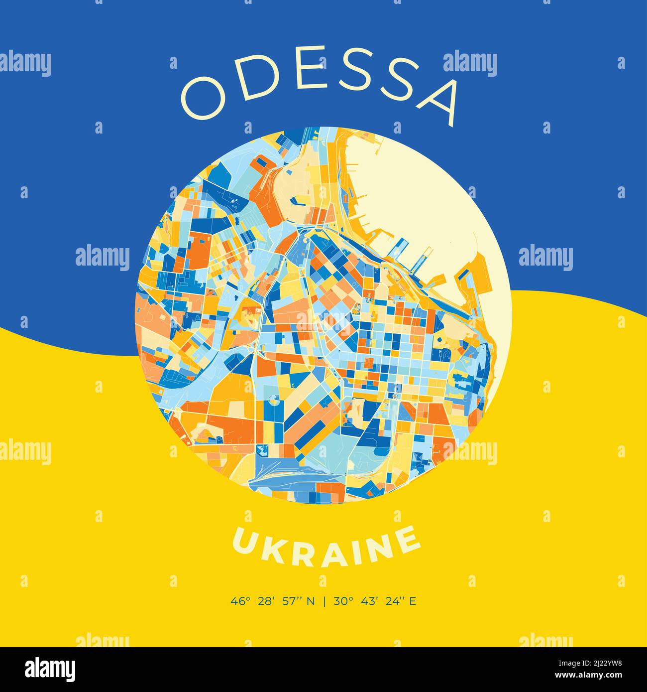 Modello di stampa vettoriale di Odessa, Odessa Oblast, Ucraina con colori blu, verde e giallo. Le varie tonalità seguono un principio radom. Conf Illustrazione Vettoriale