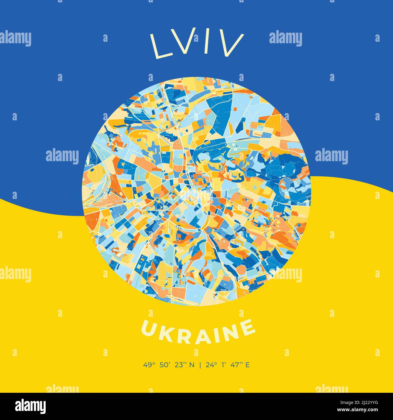 Modello di stampa vettoriale di Lviv, Lviv Oblast, Ucraina con colori blu chiaro, verde e giallo. Le varie tonalità seguono un principio radom. Art ma Illustrazione Vettoriale