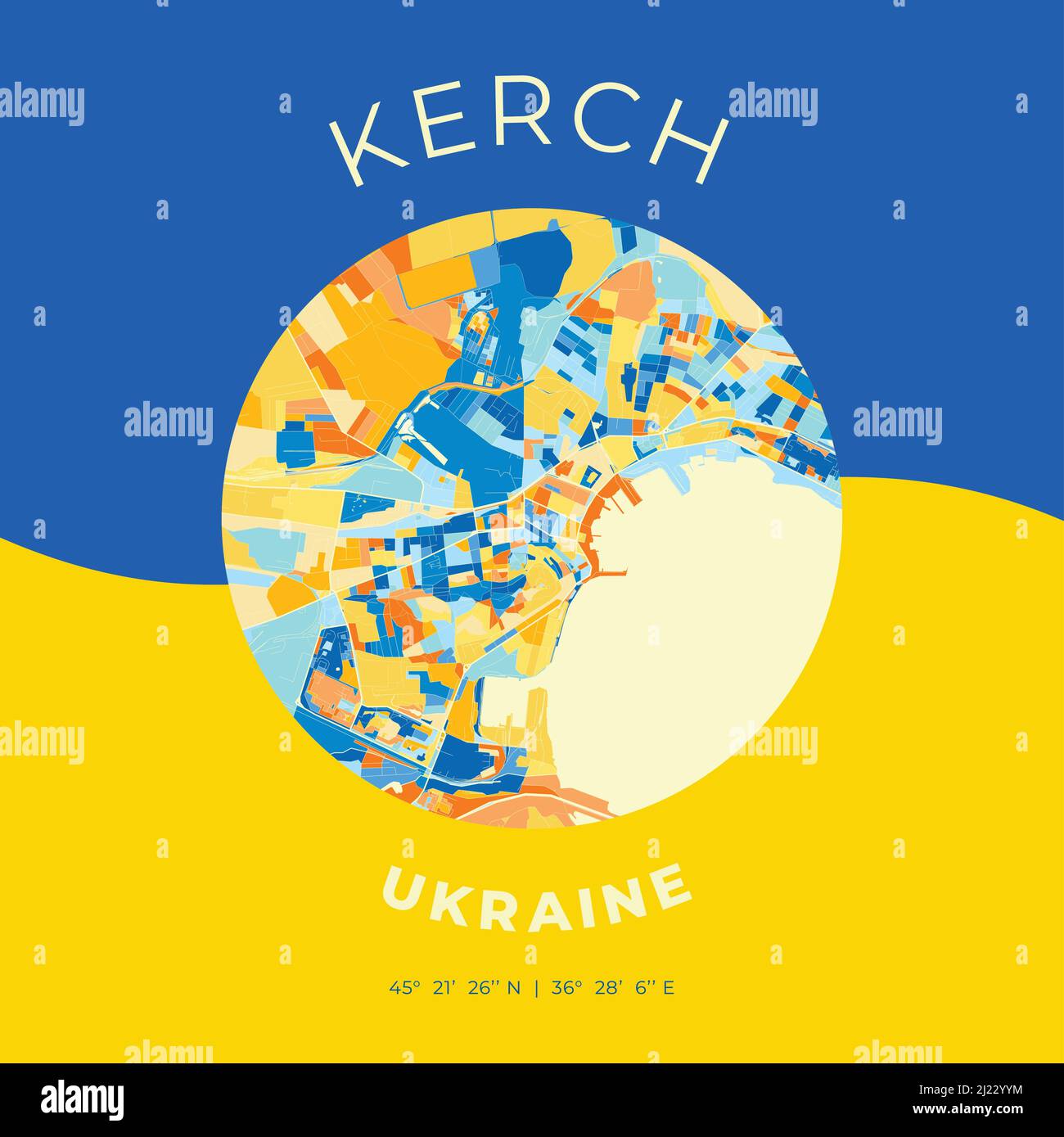 Modello di stampa vettoriale di Kerch, Crimea, Ucraina con colori blu, verde e giallo. Le varie tonalità seguono un principio radom. Carta d'arte per Illustrazione Vettoriale