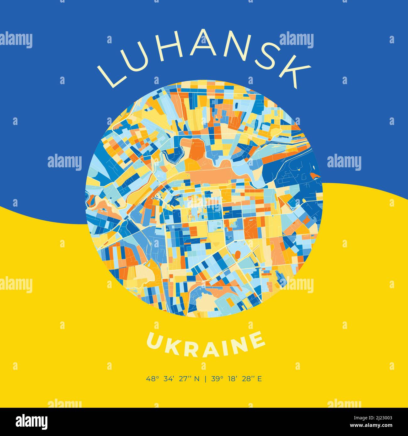 Modello di stampa vettoriale di Luhansk, Luhansk Oblast, Ucraina con colori blu, verde e giallo. Le varie tonalità seguono un principio radom. Illustrazione Vettoriale