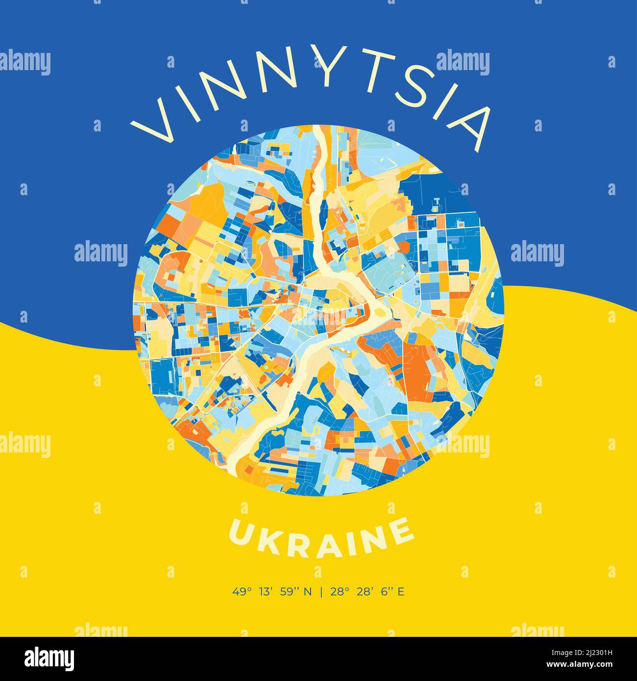 Modello di stampa vettoriale di Vinnytsia, Vinnytsia Oblast, Ucraina con colori blu, verde e giallo. Le varie sfumature seguono un principio di radom Illustrazione Vettoriale