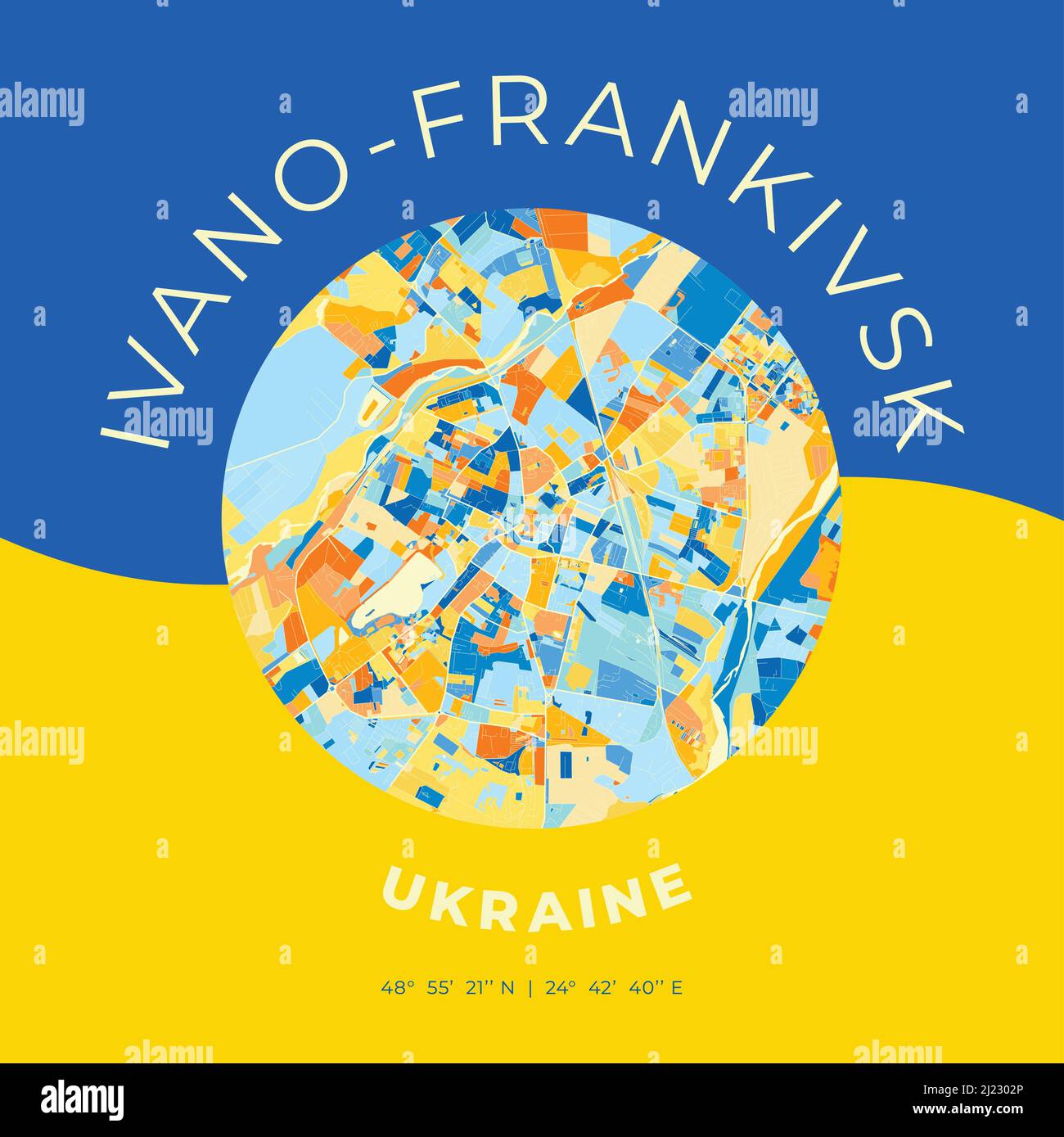Mappa vettoriale modello di stampa di Ivano-Frankivsk, Ivano-Frankivsk Oblast, Ucraina con colori blu, verde e giallo. Le varie tonalità seguono una r Illustrazione Vettoriale