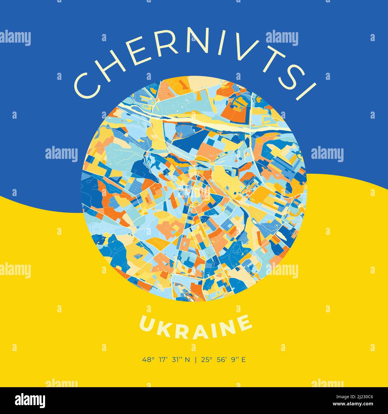 Modello di stampa vettoriale di Chernivtsi, Chernivtsi Oblast, Ucraina con colori blu, verde e giallo. Le varie tonalità seguono una principessa radom Illustrazione Vettoriale