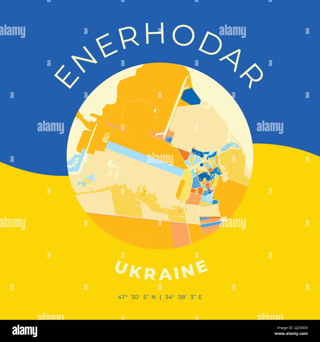 Mappa vettoriale modello di stampa di Enerhodar, Zaporizhia Oblast, Ucraina con colori blu, verde e giallo. Le varie tonalità seguono un radom princi Illustrazione Vettoriale