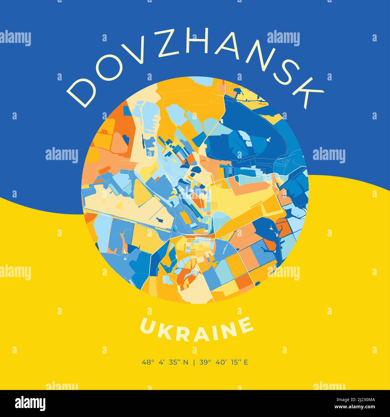 Modello di stampa vettoriale di Dovzhansk, Luhansk Oblast, Ucraina con colori blu, verde e giallo. Le varie tonalità seguono un principio radom Illustrazione Vettoriale