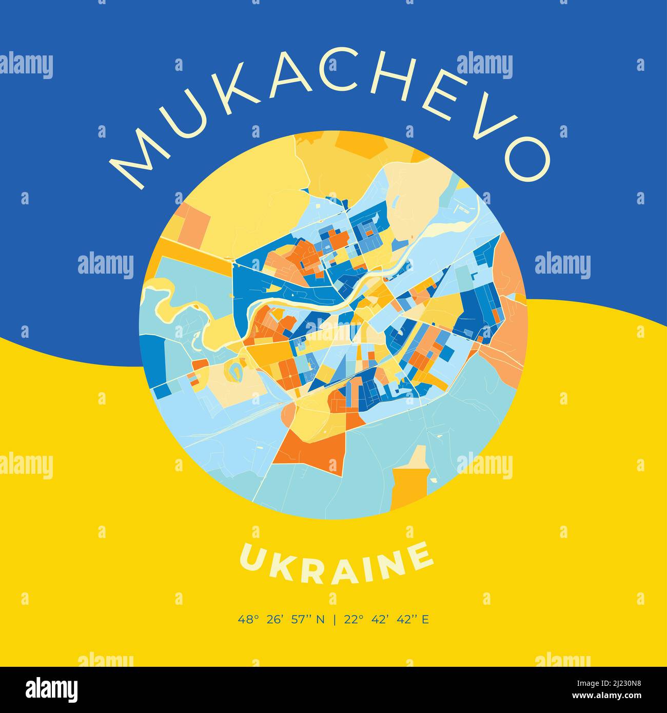Mappa vettoriale modello di stampa di Mukachevo, Zakarpattia Oblast, Ucraina con colori blu, verde e giallo. Le varie tonalità seguono una principessa radom Illustrazione Vettoriale