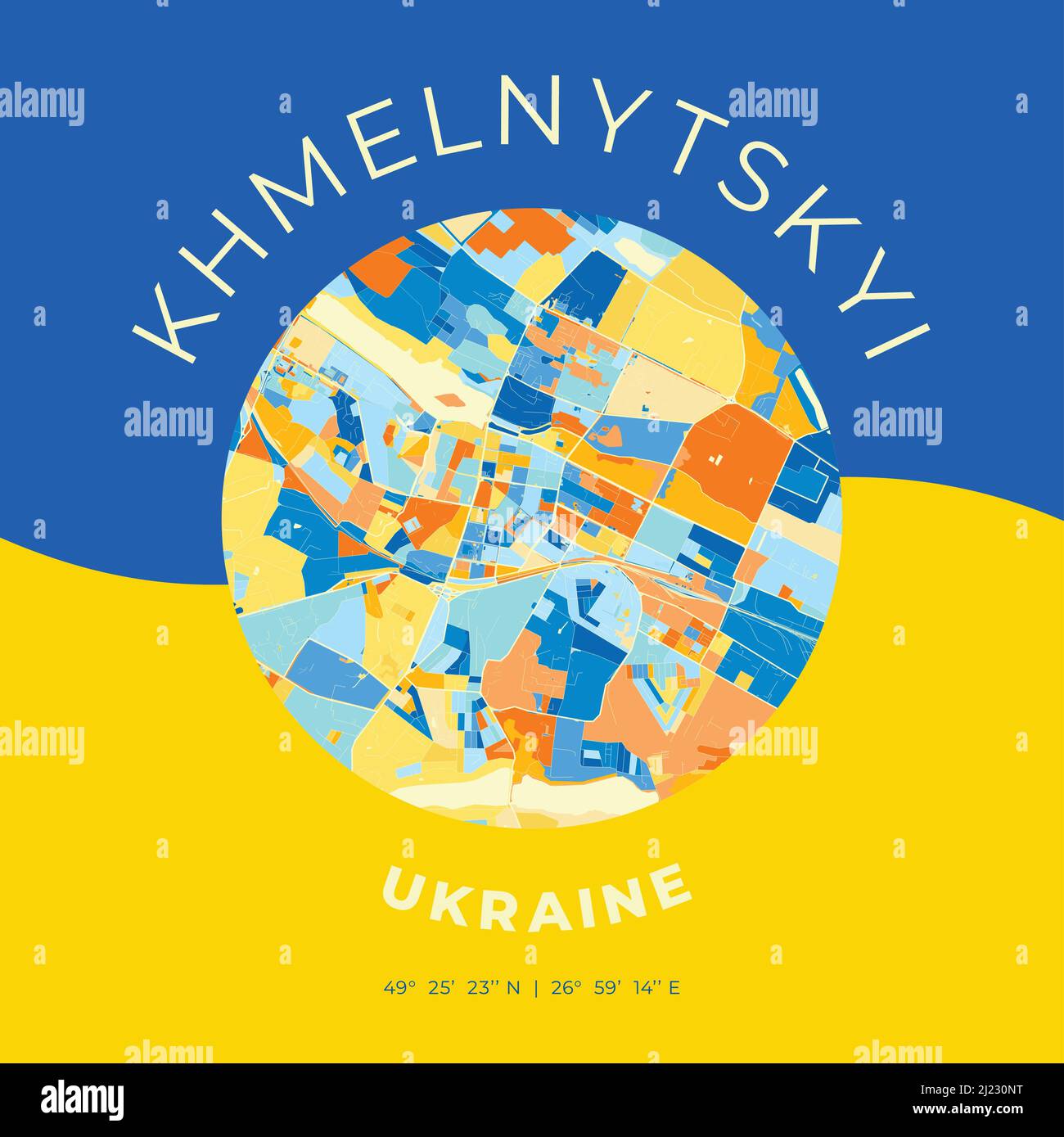 Mappa vettoriale modello di stampa di Khmelnytskyi, Khmelnytskyi Oblast, Ucraina con colori blu, verde e giallo brillante. Le varie tonalità seguono un radom p Illustrazione Vettoriale