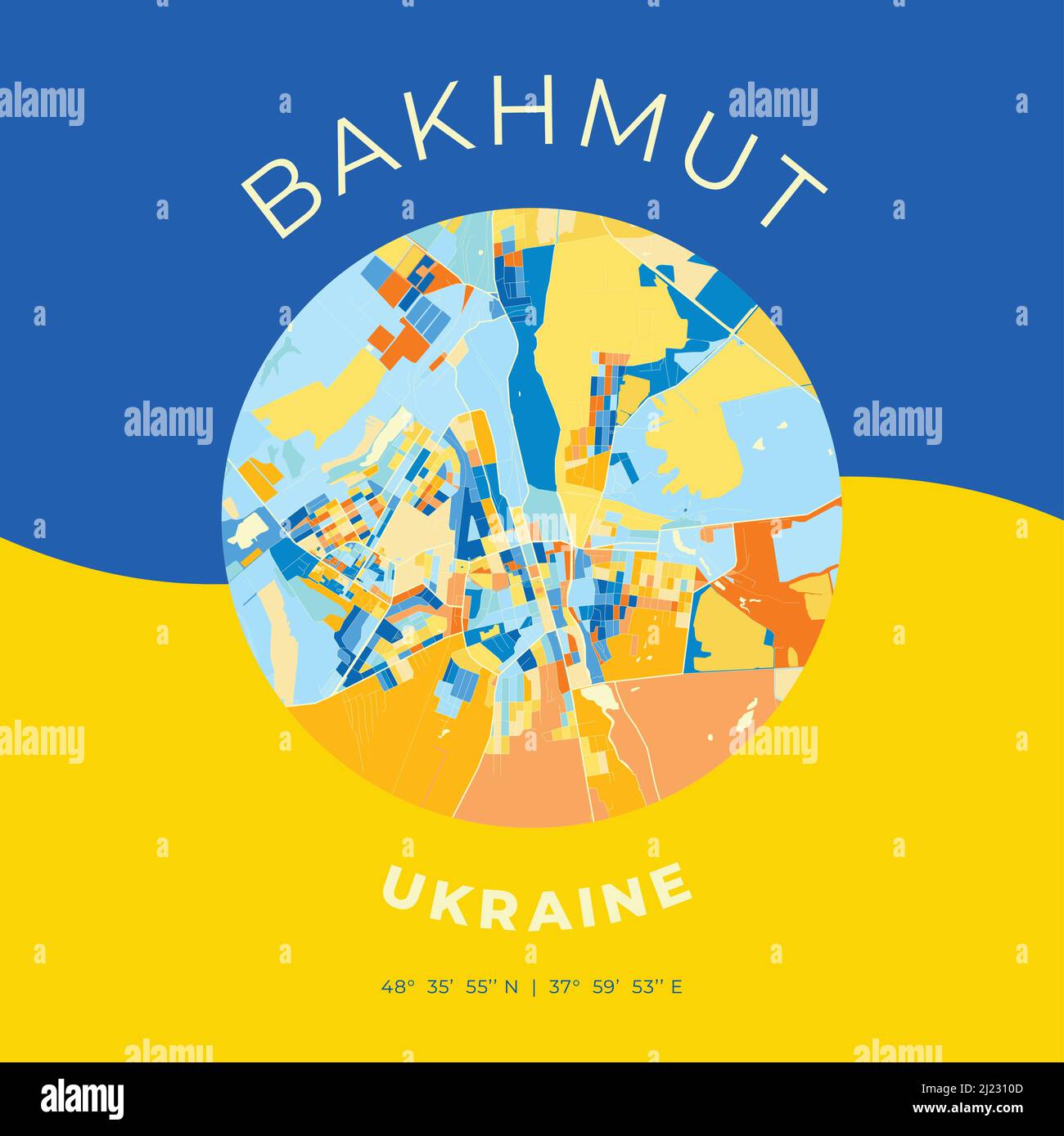 Modello di stampa vettoriale di Bakhmut, Donetsk Oblast, Ucraina con colori blu, verde e giallo. Le varie tonalità seguono un principio radom. Illustrazione Vettoriale