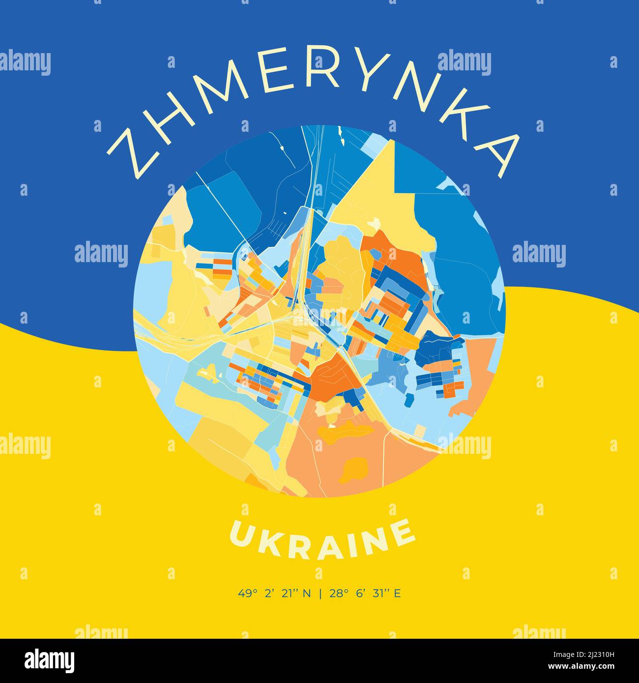 Modello di stampa vettoriale di Zhmerynka, Vinnytsia Oblast, Ucraina con colori blu, verde e giallo. Le varie sfumature seguono un principio di radom Illustrazione Vettoriale