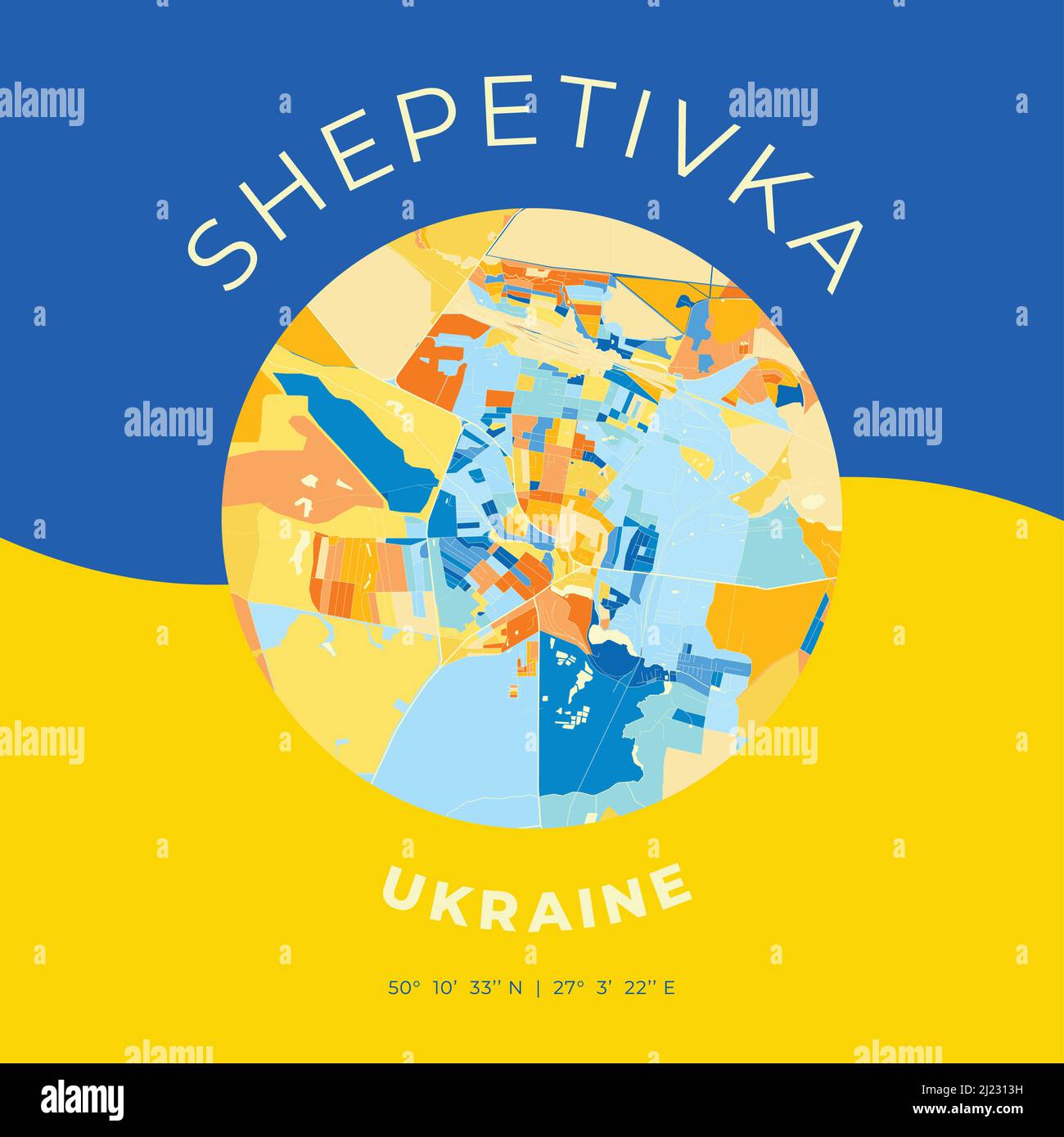 Modello di stampa vettoriale di Shepetivka, Khmelnytskyi Oblast, Ucraina con colori blu, verde e giallo. Le varie tonalità seguono una radom pri Illustrazione Vettoriale