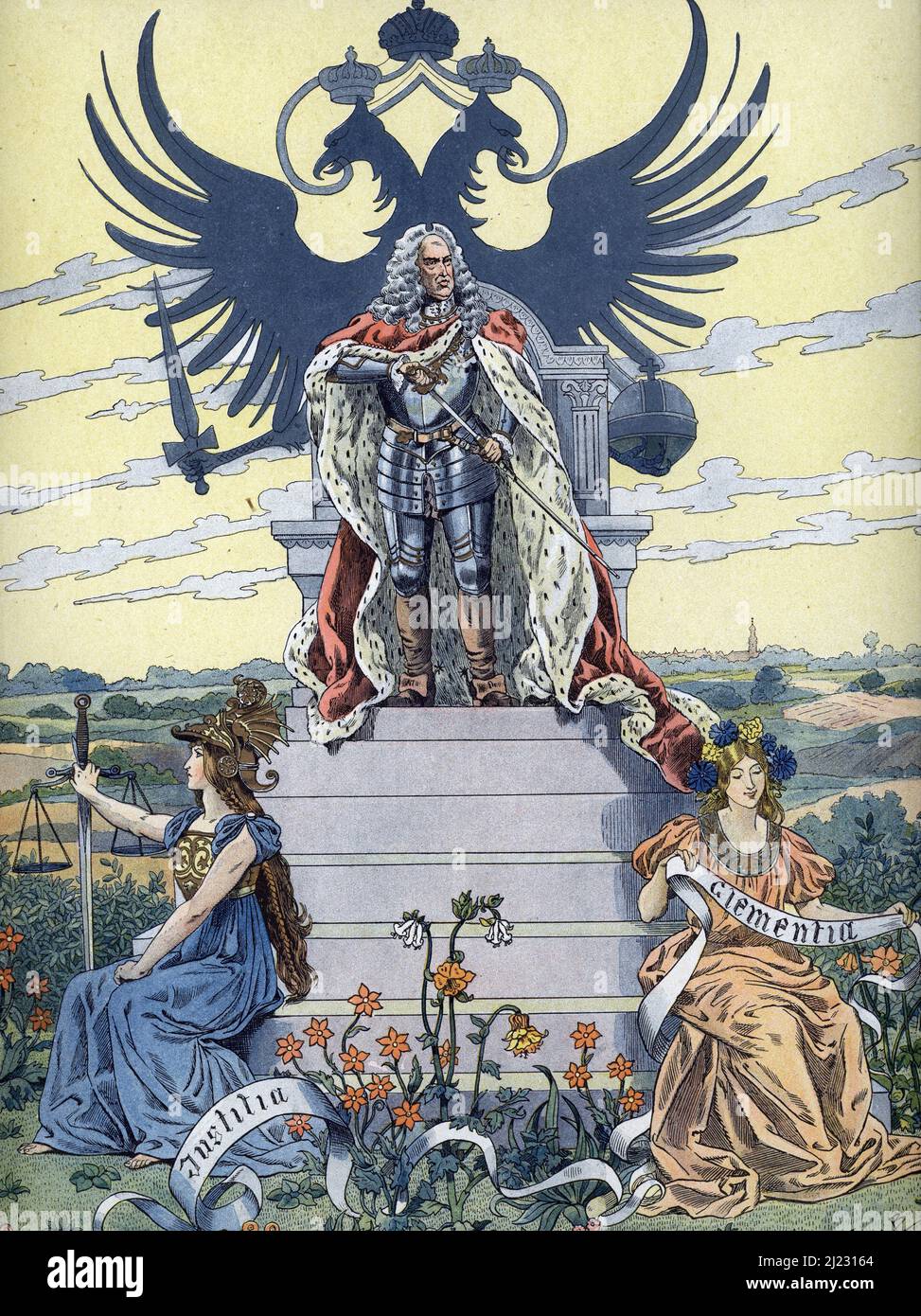 Allegorie de l'hymne austro hongrois 'Gott erhalte Franz den Kaiser' (Dieu sauve l'Empereur) Avec la Representation de l'empereur Francois II (1768-1835) (Allegoria dell'inno austro-ungarico 'Gott erhalte Franz den Kaiser' (Dio salva l'imperatore) Con la rappresentazione dell'imperatore Francesco II (1768-1835)) Illustrazione tiree de 'Les chants nazionaux de tous les Pays' de Giobbe Et Montorgueil Collection privee Foto Stock