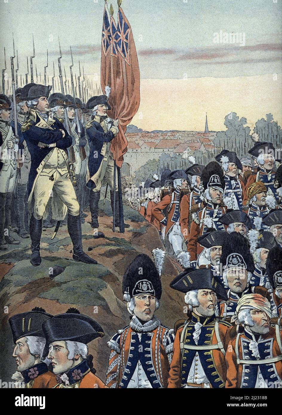 Allegorie de l'hymne americain 'Hail, Columbia' ancien hymne americain compose a l'epoque de la Guerre d'Independance des États-Unis fin 18eme siecle (canzone patriottica americana Hail columbia, scritta ai tempi della Guerra rivoluzionaria americana) Illustrazione tiree de 'Les chants nazionaux de tous les les pages et de Job ivee pays Collection Foto Stock