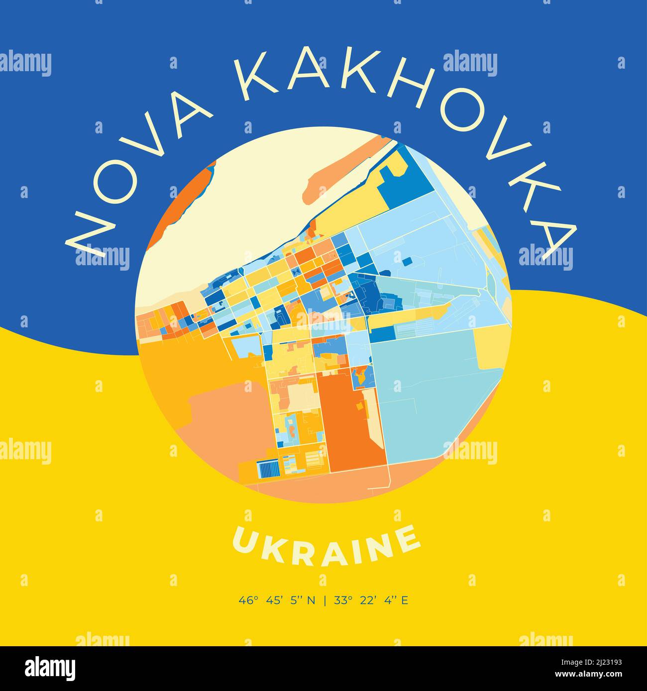 Modello di stampa vettoriale di Nova Kakhovka, Kherson Oblast, Ucraina con colori blu, verde e giallo. Le varie tonalità seguono una principessa radom Illustrazione Vettoriale