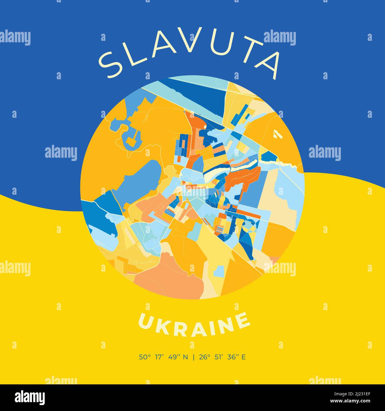 Modello di stampa vettoriale di Slavuta, Khmelnytskyi Oblast, Ucraina con colori blu, verde e giallo. Le varie tonalità seguono un radom princi Illustrazione Vettoriale