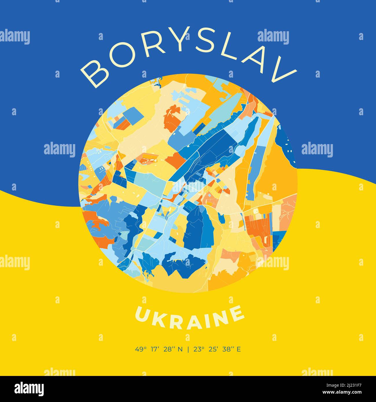 Modello di stampa vettoriale di Boryslav, Lviv Oblast, Ucraina con colori blu, verde e giallo. Le varie tonalità seguono un principio radom. Conf Illustrazione Vettoriale