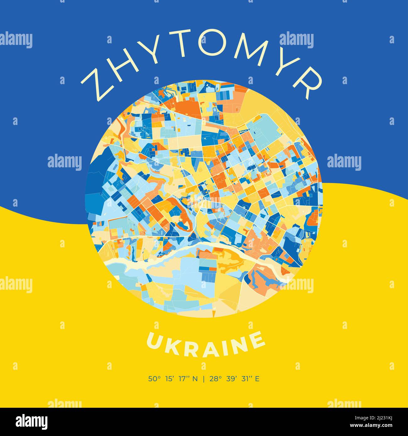 Modello di stampa vettoriale di Zhytomyr, Zhytomyr Oblast, Ucraina con colori blu, verde e giallo. Le varie tonalità seguono un principio radom Illustrazione Vettoriale