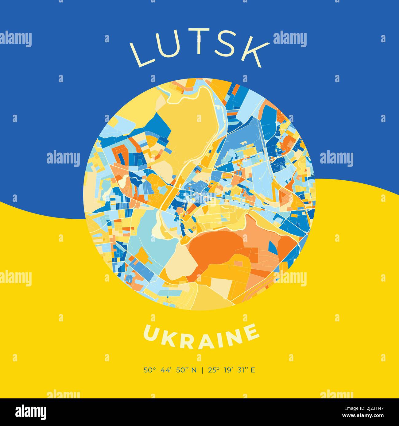 Modello di stampa vettoriale di Lutsk, Volyn Oblast, Ucraina con colori blu, verde e giallo. Le varie tonalità seguono un principio radom. Arte Illustrazione Vettoriale