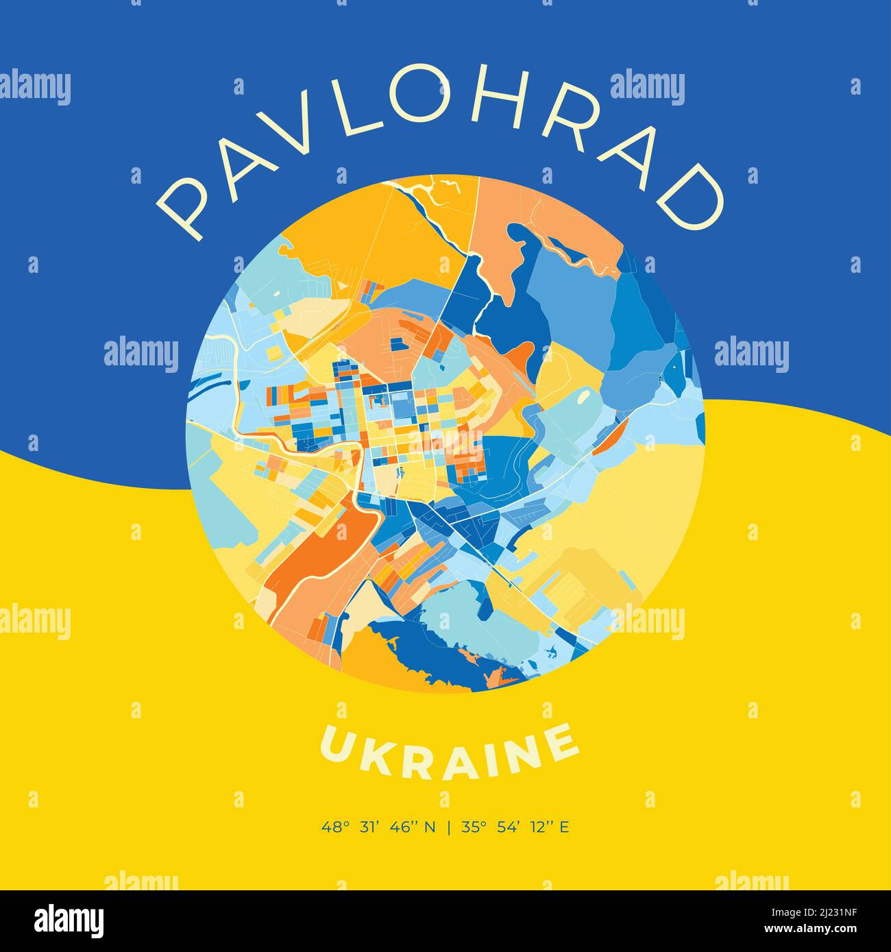 Modello di stampa vettoriale di Pavlohrad, Dnipropetrovsk Oblast, Ucraina con colori blu, verde e giallo. Le varie tonalità seguono un radom pr Illustrazione Vettoriale