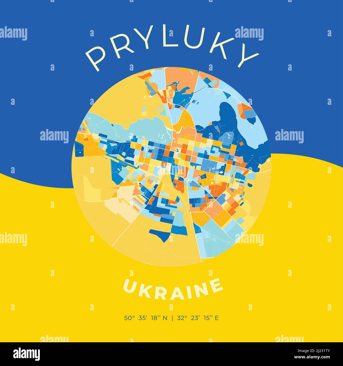 Modello di stampa vettoriale di Priluky, Chernihiv Oblast, Ucraina con colori blu, verde e giallo. Le varie tonalità seguono un principio radom Illustrazione Vettoriale