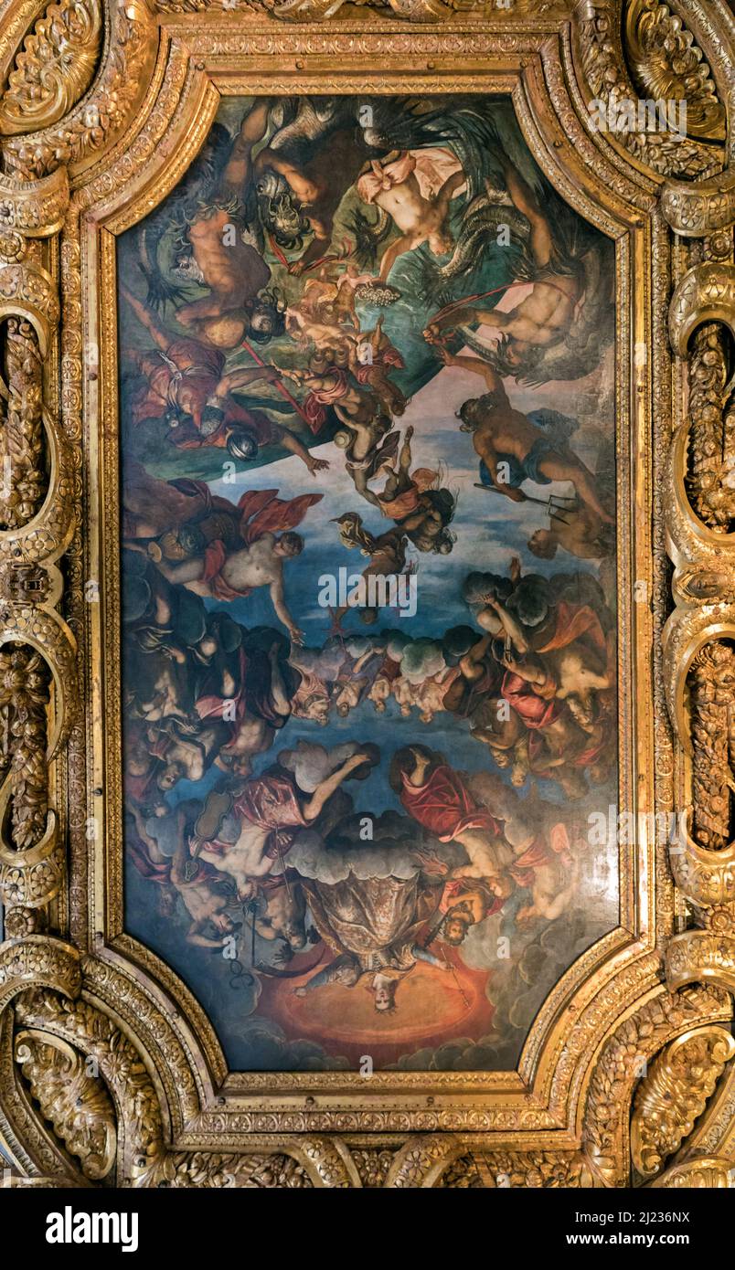 Soffitto decorato, affresco e soffitto, interni, Palazzo Ducale, Venezia, Veneto, Italia Foto Stock