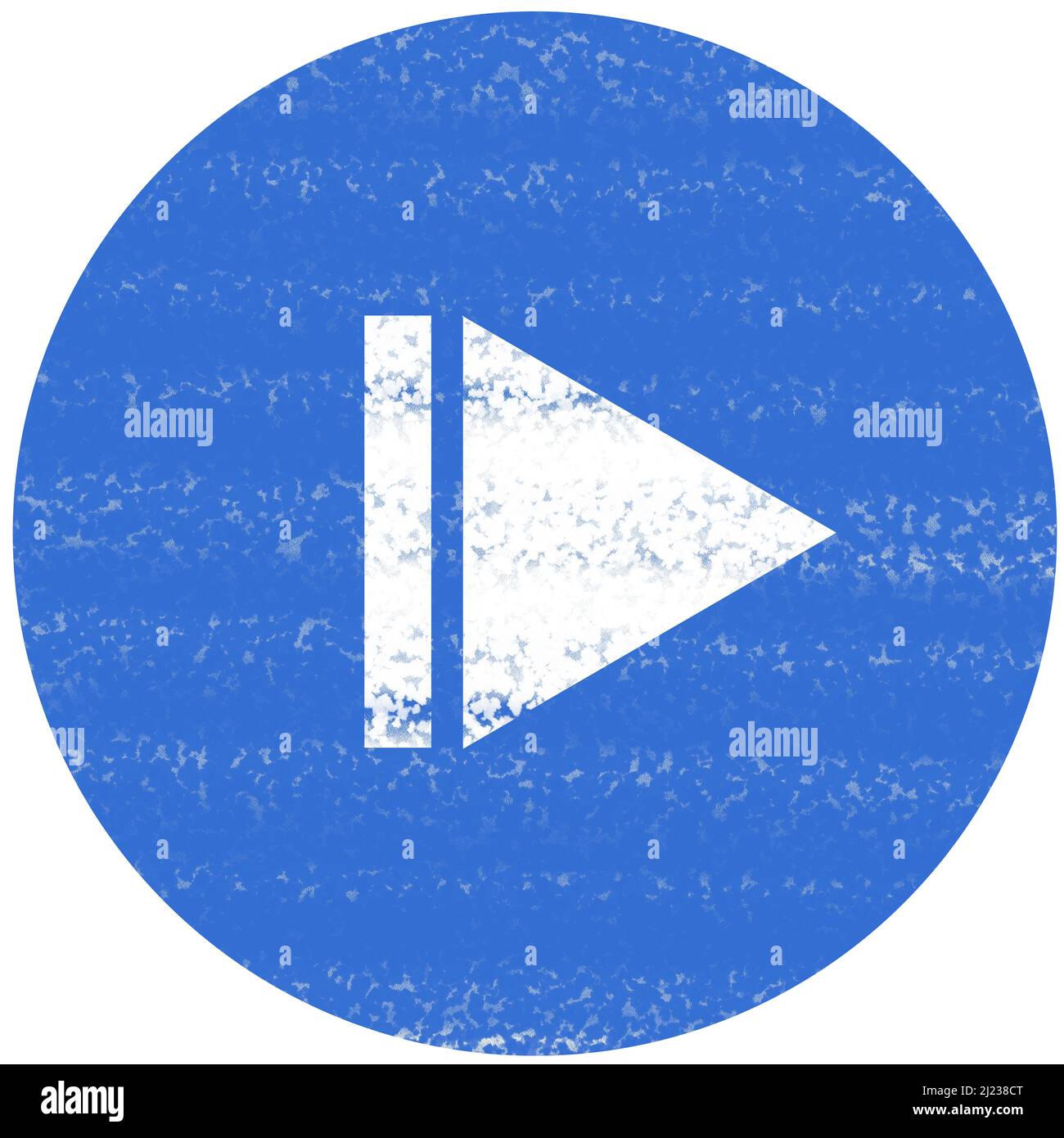 Immagine di un triangolo bianco all'interno di un cerchio blu che rappresenta un pulsante di riproduzione dalla posizione corrente di un lettore multimediale. Il colore tracciante imita Foto Stock