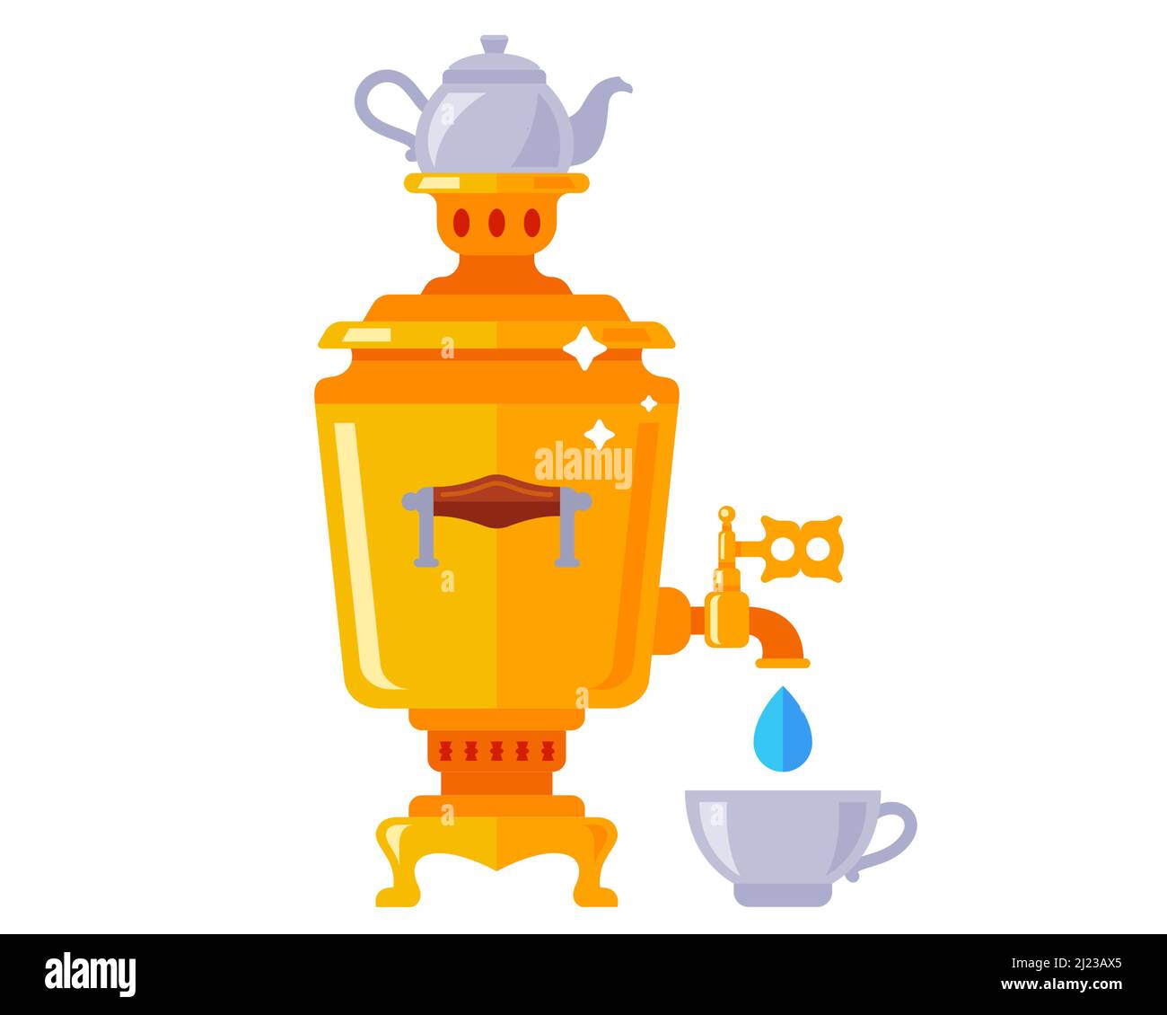 Il vecchio samovar russo versa il tè in una tazza. illustrazione vettoriale piatta. Illustrazione Vettoriale