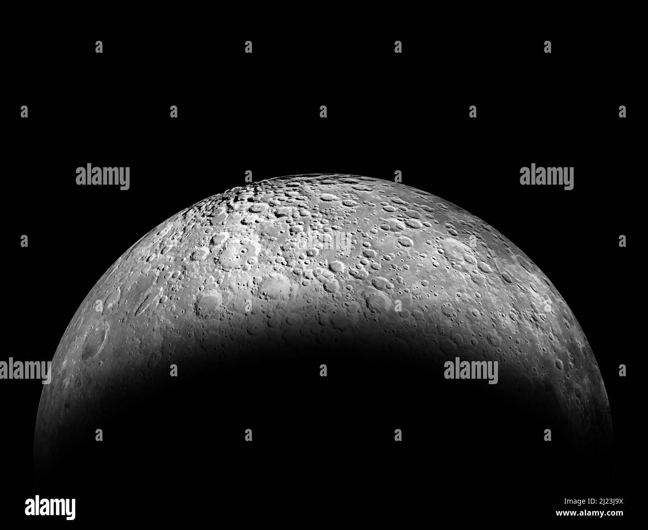 Luna piena della Terra contro uno spazio nero esterno BackgroundLune mezzaluna di cera con un cielo notturno sfondo stelle. Vista spettacolare della piccola superficie lunare Foto Stock