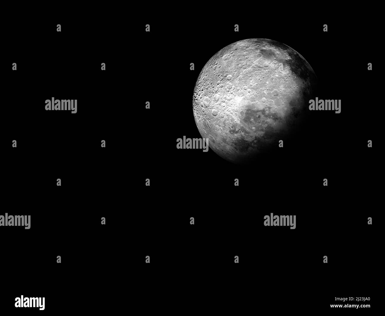 Grande Luna goffrata contro un Black Outer Space BackgroundLune mezzaluna in cera con un cielo notturno sfondo stelle. Vista spettacolare della piccola superficie lunare Foto Stock