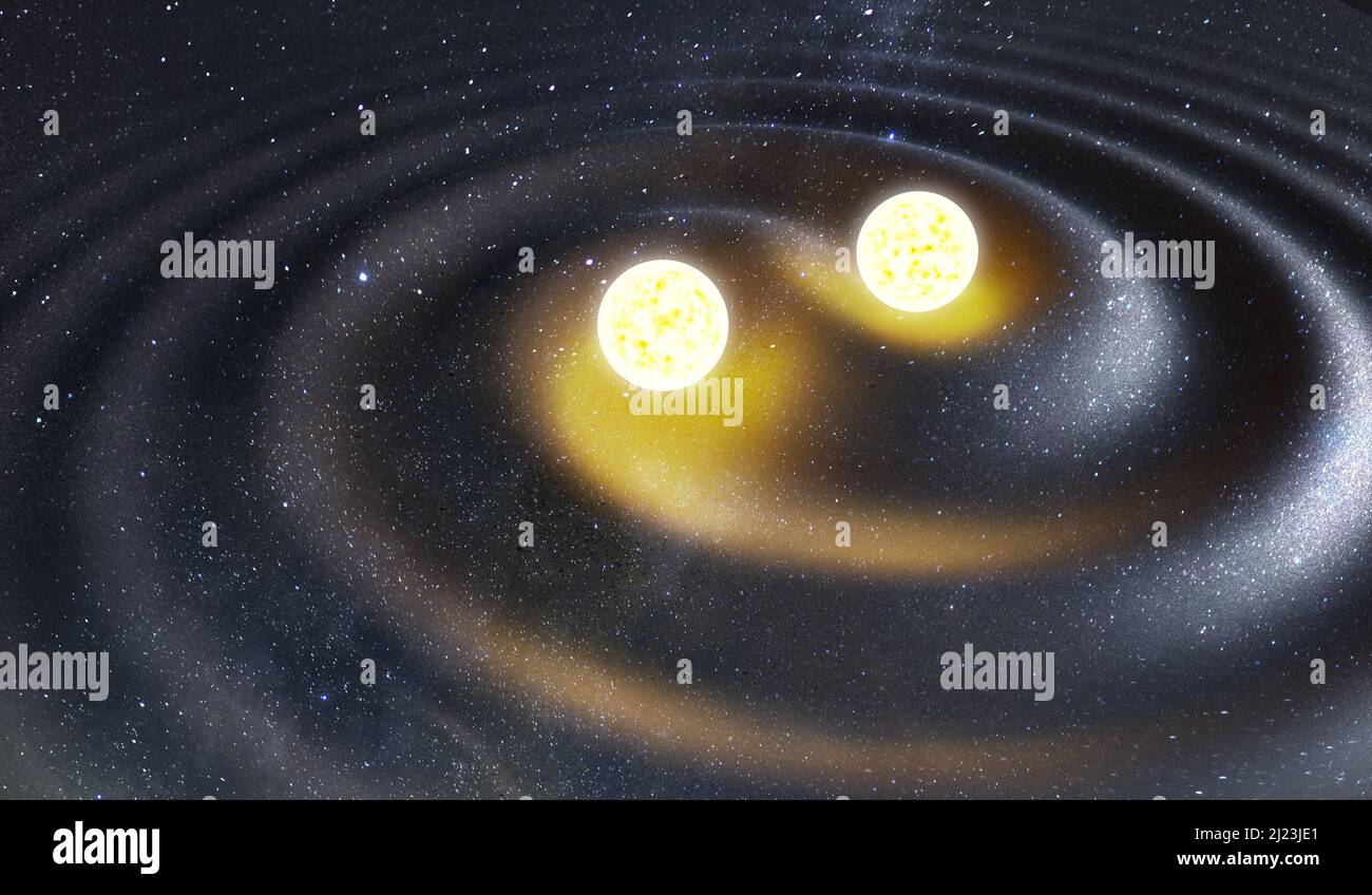 Sistema binario a stella che genera onde di gravità. Concetto di gravità e astrofisica. 3D illustrazione rappresentata. Foto Stock