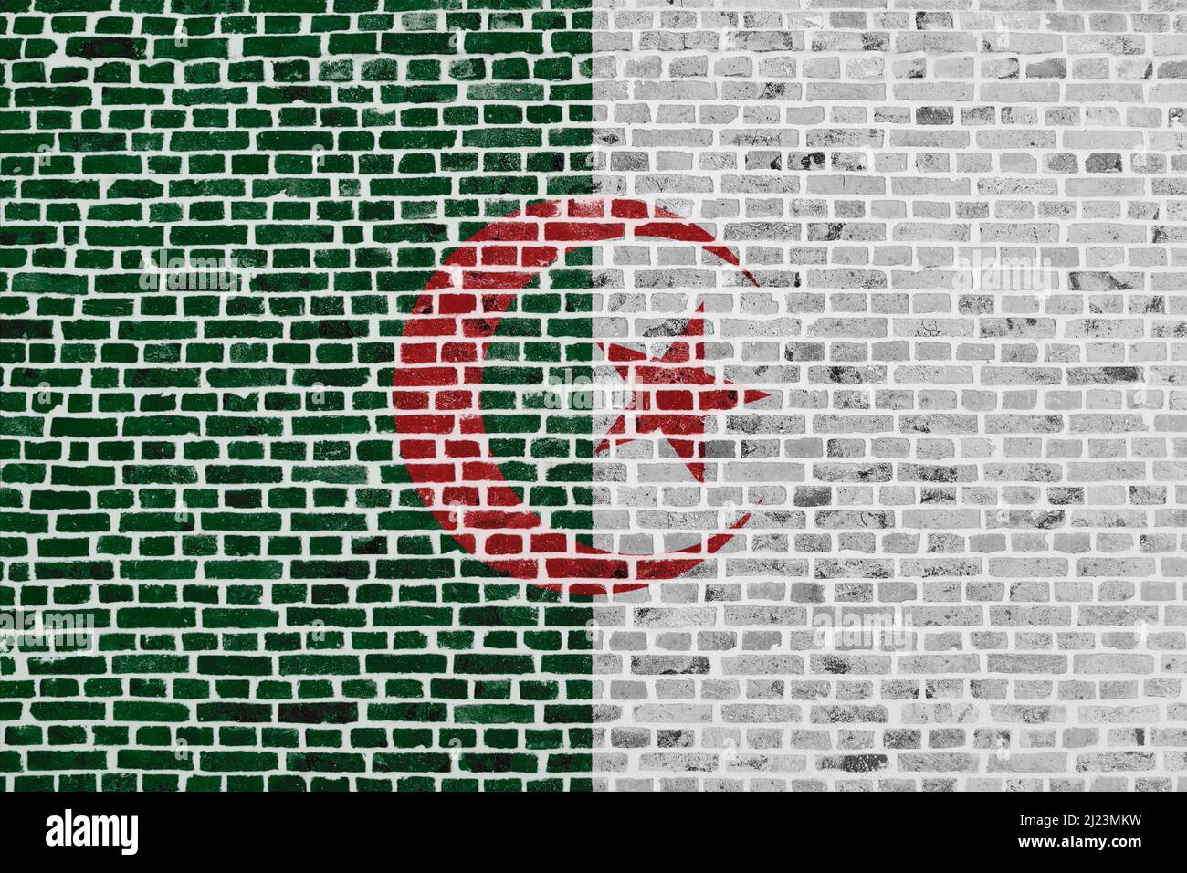 Primo piano su un muro di mattoni con la bandiera dell'Algeria dipinta su di esso. Foto Stock