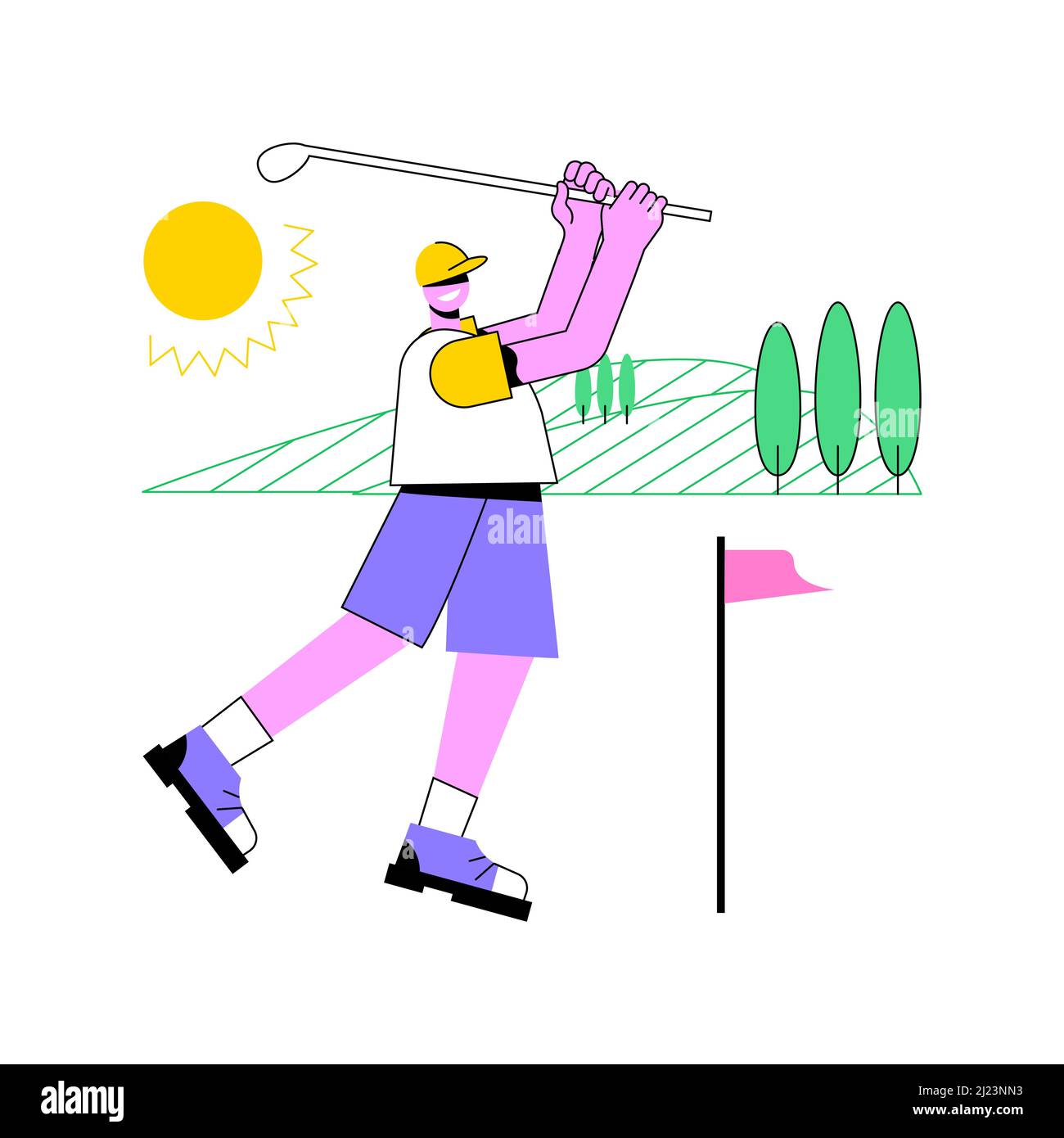 Illustrazione vettoriale del concetto astratto di golf. Campionato del mondo di mini golf, ricreazione all'aperto, torneo di club country, noleggio attrezzatura, servizio di addestramento personale, stile di vita attivo metafora astratta. Illustrazione Vettoriale