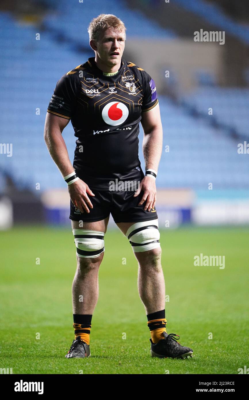 Ben Morris di Wasps durante la partita della Premiership Rugby Cup alla Coventry Building Society Arena di Coventry. Data foto: Martedì 29 marzo 2022. Foto Stock