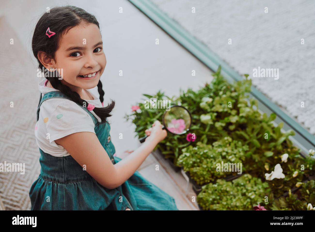 Im imparando più circa la struttura delle piante. Ritratto ritagliato di una ragazza adorabile sorridendo mentre usando una lente d'ingrandimento per analizzare le piante Foto Stock