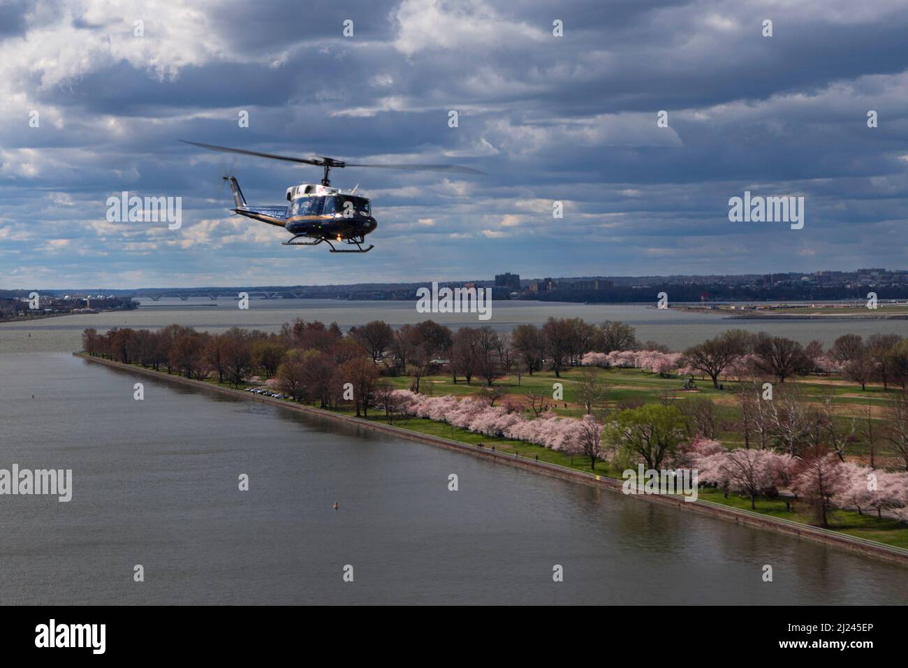 Un elicottero UH-1N Huey assegnato al primo Squadrone elicottero (1 HS) a Joint base Andrews, Md., vola sopra East Potomac Park, Washington, D.C., durante l'annuale Cherry Blossom Festival, 26 marzo 2022. La missione dell'HS del 1 è quella di fornire un'alzata aerea prioritaria per i dirigenti civili e militari di livello nazionale nella regione della capitale nazionale. (STATI UNITI Air Force foto di Master Sgt. Sacerdote Nicholas) Foto Stock