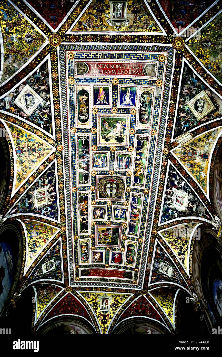 La Libreria Piccolomini nel duomo di Siena. Gli affreschi furono dipinti da Bernardino Pinturicchio. Molti mostrano la vita di Papa Pio II. Foto Stock