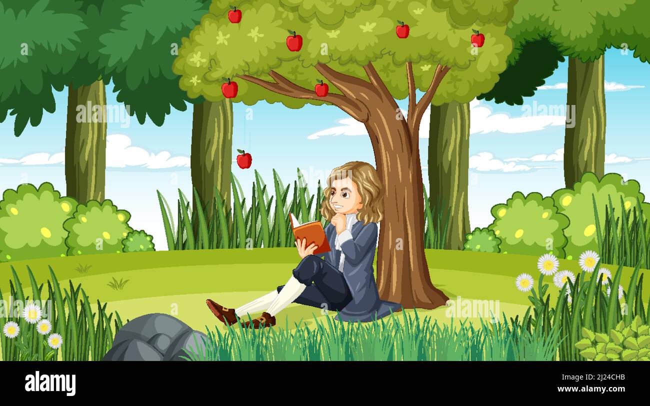 Isaac Newton seduto sotto l'illustrazione dell'albero della mela Illustrazione Vettoriale