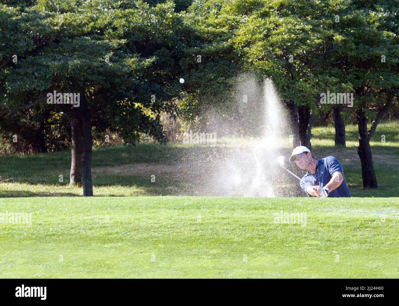 25 novembre 2004-Seogwipo, Corea del Sud-Nick Faldo tenta di fuggire dal bunker in un PGA TOUR Championship 1 round ottavo greenbunker a Jeju il 25 novembre 2004, Corea del Sud. Foto Stock